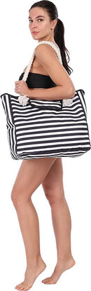 Waterbestendige strandtas zwart-wit 55x38x15cm met zakken
