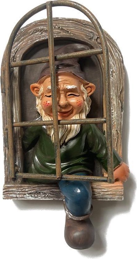 Charmante tuinkabouter met witte baard voor in de tuin - ophangbaar standbeeld van duurzame designerhars - 14,5x15x8cm