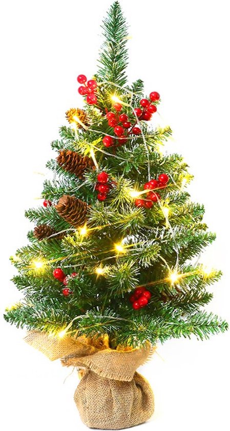 Luxe Mini Kerstboom – Met 1.5meter Warme LED Verlichting, Dennenappels en Rode Bessen – Sfeervolle Kerstdecoratie-45 cm