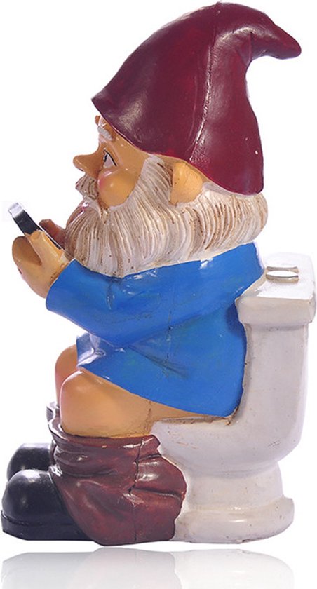 Grappige Kabouter Tuinornament op Toilet met Telefoon