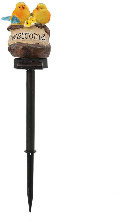 Solar Tuinlamp – Welkomstlamp met Vogels – Decoratieve Buitenverlichting – Geel – 39 cm – Op Zonne-energie
