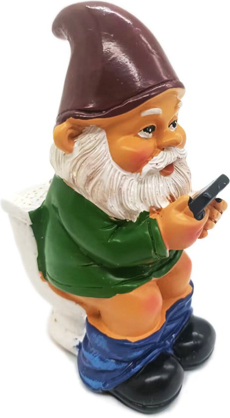 Grappige Kabouter Tuinornamenten-Kabouter op het Toilet met Mobiele Telefoon 5*7*12,5cm
