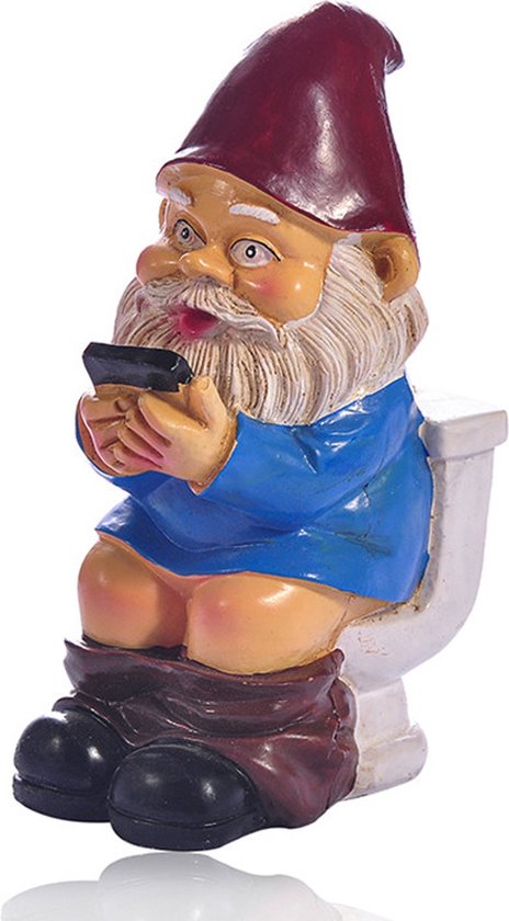 Grappige Kabouter Tuinornament op Toilet met Telefoon