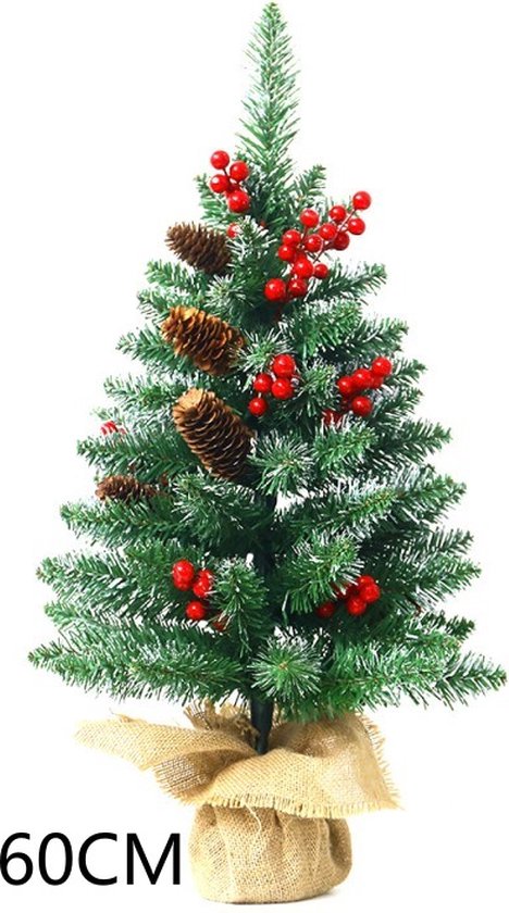 Luxe Mini Kerstboom – Met 1.5 meter Warme LED Verlichting, Dennenappels en Rode Bessen – Sfeervolle Kerstdecoratie-60 cm