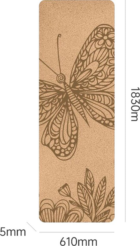 Yoga mat - Natuurlijk kurk en TPE - vrij van schadelijke stoffen, hypoallergeen en 100% (biologisch) afbreekbaar - zeer geschikt voor Yin Yoga en Kundalini Yoga met draagtas en draagband- 183x66x0,5 cm - butterfly