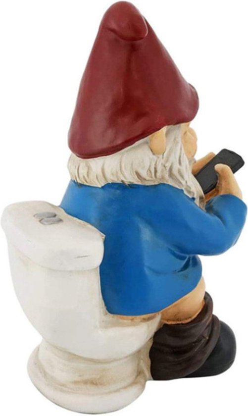 Grappige Kabouter Tuinornament op Toilet met Telefoon