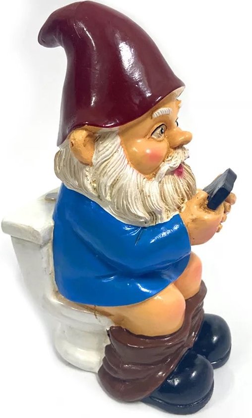 Grappige Kabouter Tuinornament op Toilet met Telefoon