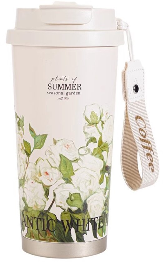 Thermos Mok met Bloemprint – 500ml – Roze – Dubbelwandig – Lekvrij – Met Draagriem – Ideaal voor Camping & Reizen