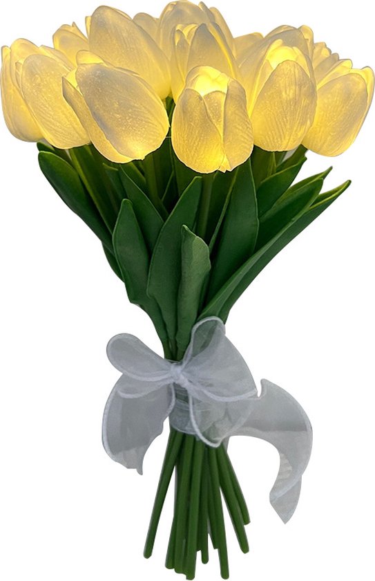 Bosje 10 witte LED Kunsttulpen op batterij - Moederdag