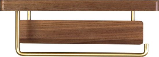 Luxe Zelfklevende Toiletrolhouder met telefoonplankje- Hout & Messing - Geen Boren Nodig-28x10x10cm-donkerbruin