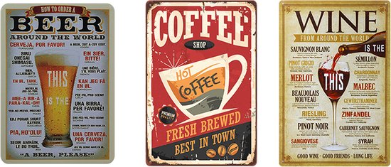 3-delige Vintage Wandbordenset - Bier, Koffie, Wijn