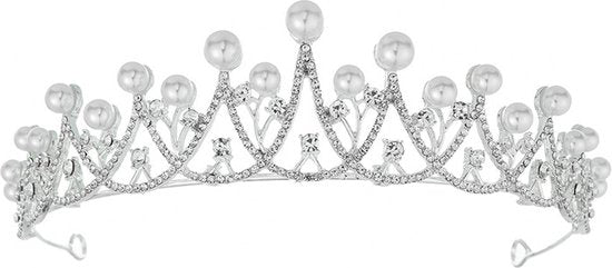 Luxe Zilveren Tiara met Witte Parels en Kristallen