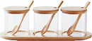 Set van 3 Glazen Kruidenpotjes met Bamboe Lepels & Deksel - Elegant & Organisch Keukenaccessoire