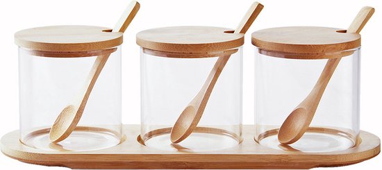 Set van 3 Glazen Kruidenpotjes met Bamboe Lepels & Deksel - Elegant & Organisch Keukenaccessoire