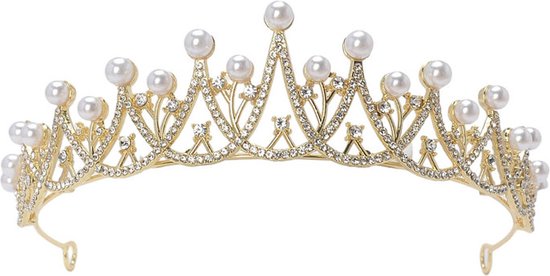 Luxe Koninklijke Tiara met Witte Parels en Sprankelende Kristallen-Goud Kroon voor Speciale Gelegenheden