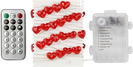 Valentijnsdag decoratie -Rood Hart Liefde Licht Snoer- Fairy Lights-2 Meter 20 Lichten met Afstandsbediening