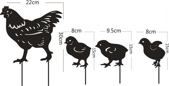 Holle Kippenfamilies - Prachtige Tuindecoratie met Levendig Silhouetontwerp - Set van 4 Metalen Stakes - Weerbestendig en Duurzaam - Eenvoudig te Installeren