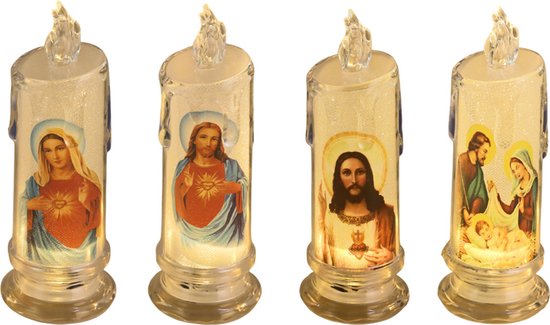 4-delige LED-Kaarsenset met Heilige Afbeeldingen –Elektronische kaars op batterij- Kerstdecoratie 6,5 x 18cm