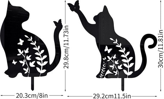 Metalen tuinsteker-zwarte kat met bloem silhouet en vlinder op zijn staart- 20.3x29.8cm