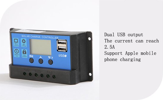 zonnepaneel laadregelaar-Geschikt voor 12 en 24 volt installaties -met 2 USB-uitgangen en LCD-display