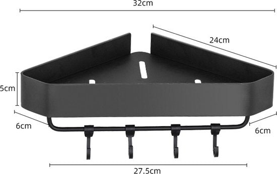 Driehoekig Badkamerrek 2 Lagen met 4 Haakjes - Zwart