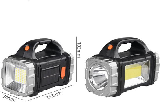 Multifunctionele LED zaklamp met Rood en Blauw Waarschuwingslicht- Perfect voor Outdoor, Kamperen, Wandelen - 1500mAh, 100m Bereik, Solar & USB Oplaadbaar-zwart/zilver