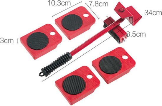 Meubelroller - 4 stuks - met meubelheffer / krik - 5 delig - Max 150kg - Rood
