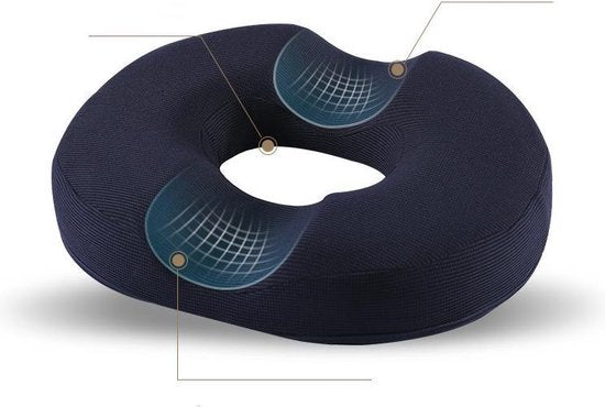 TDR - Orthopedisch Kussen van Traagschuim - Ringkussen - Donut Zitkussen - Ergonomisch - Verlicht Druk op Stuitje - Stoel | Rolstoel | Autostoel | Zwangerschap - Afneem en Wasbare Hoes - Anti-Slip Bodem - Navy Blue
