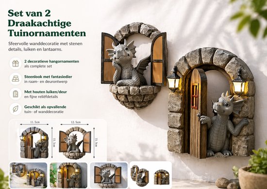 2stuks Hoogwaardige Kunststof Dinosaurus Ornamenten - Charmante Ophangbare Standbeelden voor Jouw Tuin