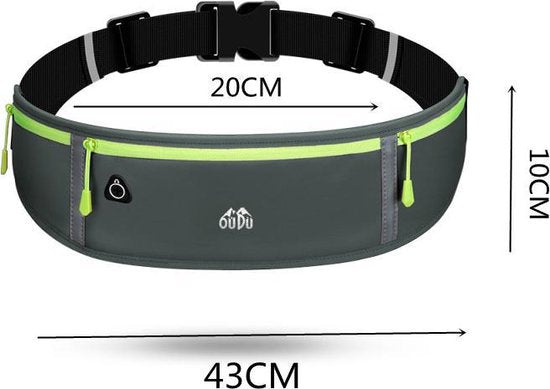 Heuptasje sport – running belt - verstelbare buideltas van 60 tot 120 cm - waterafstotend - grijs