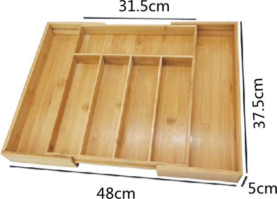 Ruimtebesparende Bamboe Bestekbak - Uitschuifbaar van 5 naar 7 Vakken voor een Georganiseerde Keukenlade - Stijlvolle Keukenorganizer48*37,5*5cm
