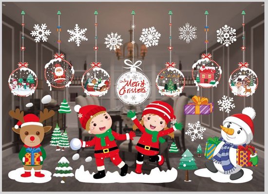 Kerst Raamstickers met Sneeuwpop, Kerstfiguren en Sneeuwvlokken- Herbruikbaar en Statisch-35.5*50cm