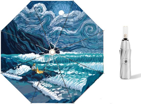 Opvouwbaar paraplu - Zonbescherming Anti-Uv UPF50 + -Windproof- Stevig paraplu - Automatisch -Van Gogh Ster zee print -zilver