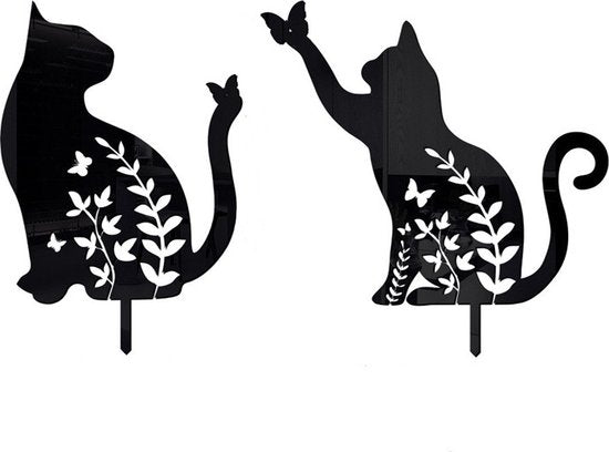 Metalen tuinsteker zwarte kat met bloem en vlinder 20.3x29.8