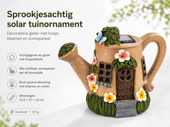 Tuinbeeld Gieter Huisje – Solar, Kunststof, 21,5x17x13cm – Sprookjesachtig Decoratief Tuinornament – Bruin & Groen