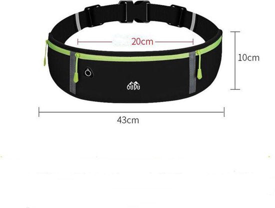TDR - Waterafstotende Heuptas - Comfortabel en Ademend Materiaal, Reflecterend Design, Verstelbare Taille (60-120 cm), Geschikt voor Sporten - Zwart en Groen