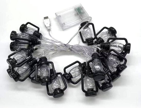 Verlicht uw Avonturen-Kampeer-LED-sfeerverlichting in Olielampvorm - 3 Meter 20 Lampjes-Batterij + USB-model voor Dubbel Gebruik-zwart