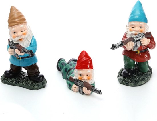 3delige Set Gedetailleerde Militaire Gevechtstuinkabouters in Diverse Poses - Decoratief Beeldje