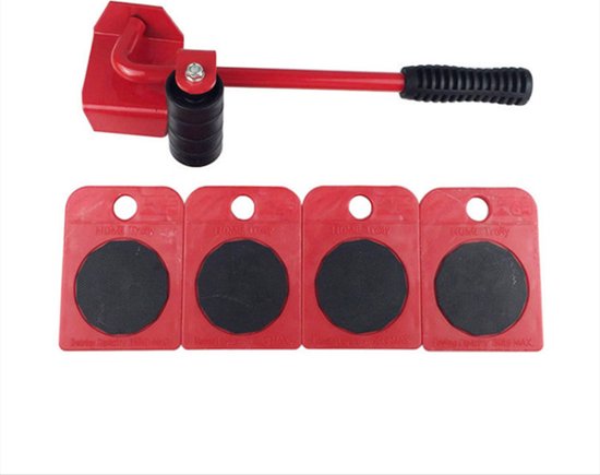 Meubelroller - 4 stuks - met meubelheffer / krik - 5 delig - Max 150kg - Rood