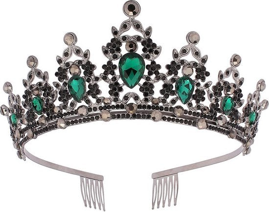 Unikorf Luxe Zwarte Kroon: Groene Glasparels, 3A diamanten