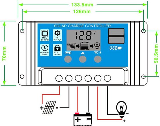 zonnepaneel laadregelaar-Geschikt voor 12 en 24 volt installaties -met 2 USB-uitgangen en LCD-display