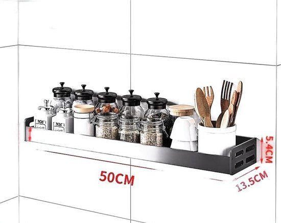 Kruidenrek / Opbergrek - RVS - Perforatievrij aan de muur gemonteerd - 50x13x6 cm - Zwart