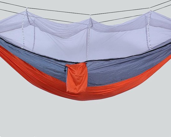TDR-Hangmat met klamboe 260*140cm-Muggennet-ultralicht/ draagbaar -oranje en lichtgrijs