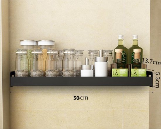 Kruidenrek / Opbergrek - RVS - Perforatievrij aan de muur gemonteerd - 50x13x6 cm - Zwart