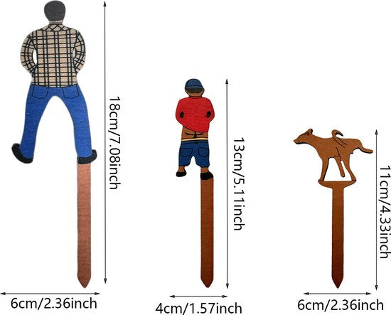 Houten Tuinsteker Set - Vader, Zoon & Hond - Decoratieve Plantenstekers - 18 cm, 13 cm & 11 cm Hoog