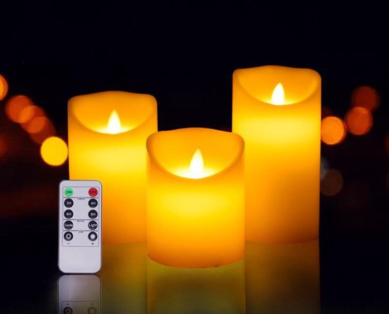 3-delige set LED kaarsen gemaakt van paraffine - Afstandsbediening met timer en dimfunctie - Realistisch vlameffect en warme kleur - Veilig en zonder risico