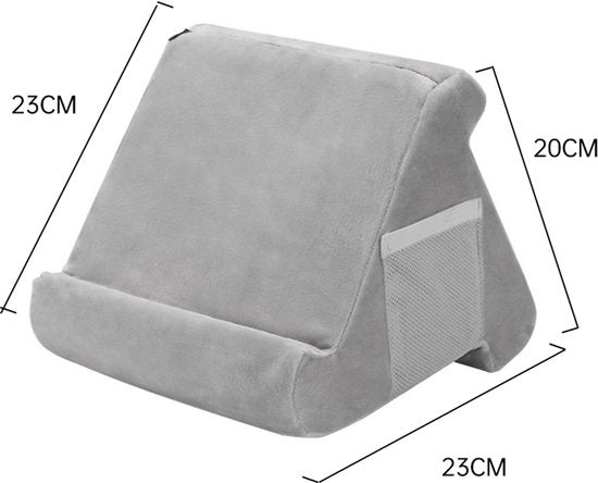 Tablet Kussen Grijs – 3 Kijkhoeken – Comfortabele Tablethouder & Standaard – Pillow Pad – Geschikt voor Tablet, Smartphone, Boek & E-reader – 29x23x26 cm