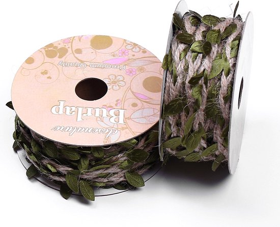 4 Rollen Jute Touw met Prachtig Bladeren Patroon- Kerstlint - Cadeaulint - Decoratielint-10meter lang -Olijfgroen