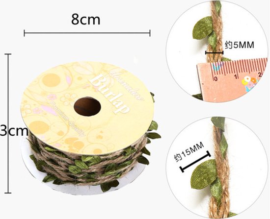 4 Rollen Jute Touw met Prachtig Bladeren Patroon- Kerstlint - Cadeaulint - Decoratielint-10meter lang -Olijfgroen
