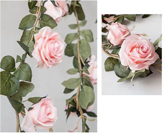 2 Stuks Klimop Slinger met grote rozen kunstbloem -2 meter lang-decoratieve slinger-Bloemenkrans- roze